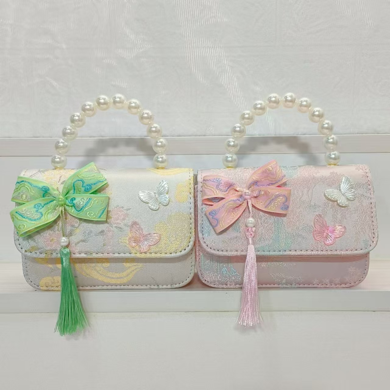 Bolsa de arco de estilo nacional de la princesa bolso de perla bolso de cadena bolso cuadrado bolso accesorios de ropa china para niños regalos de vacaciones de niñas