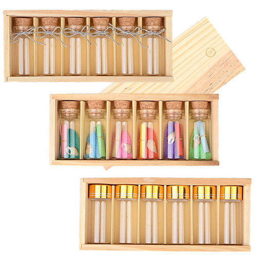 Wooden box storage for glass bottles, wish bottles with lids, wooden stopper, small glass bottle set, gift box, transparent glass bottle, creative