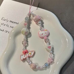 Mobile Phone Chain Ins Style Girly Pink Cartoon Kt Cat Mobile Phone Case Lanyard Handmade DIY Beaded Camera Pendant