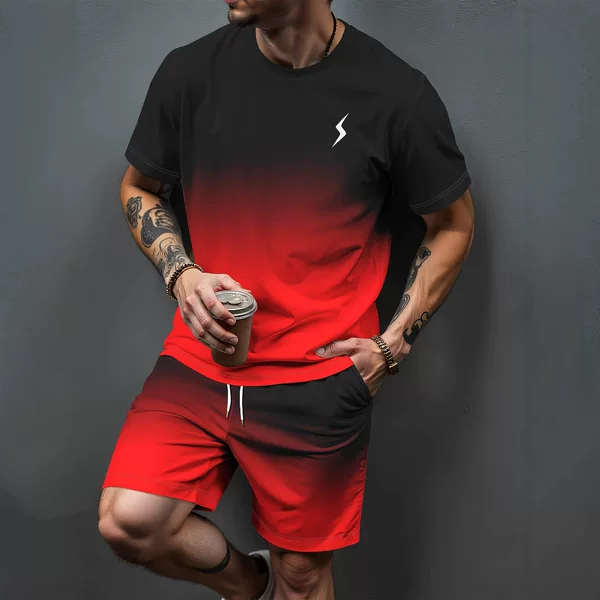 Cross-border TEMU summer 3D print T-shirt shorts two-piece suit men's gradient letter pattern casual trend