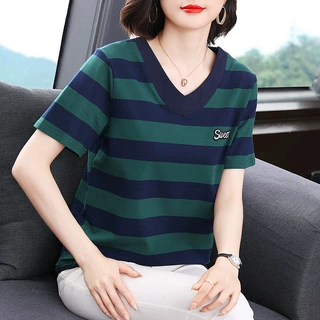 蓝绿条纹短袖T恤女宽松2024年夏装新款纯棉V领妈妈装休闲上衣批发