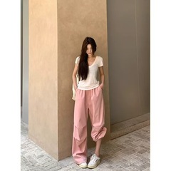 2025新款粉色抽绳工装裤女春秋高腰直筒垂感宽松休闲时尚运动裤子
