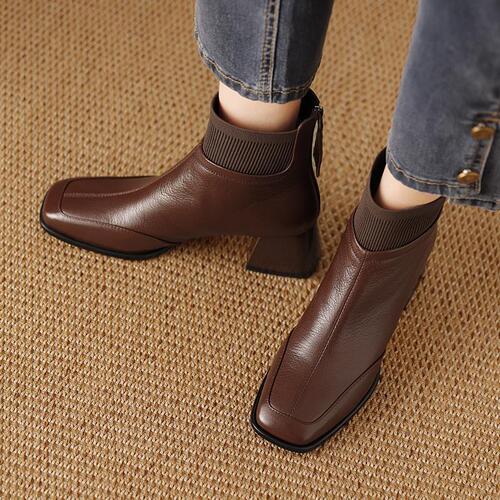 Brown Retro Fashion Thick Heel Square Toe Women's Winter Spring Knit Wool Boot Fashion Slim Boot