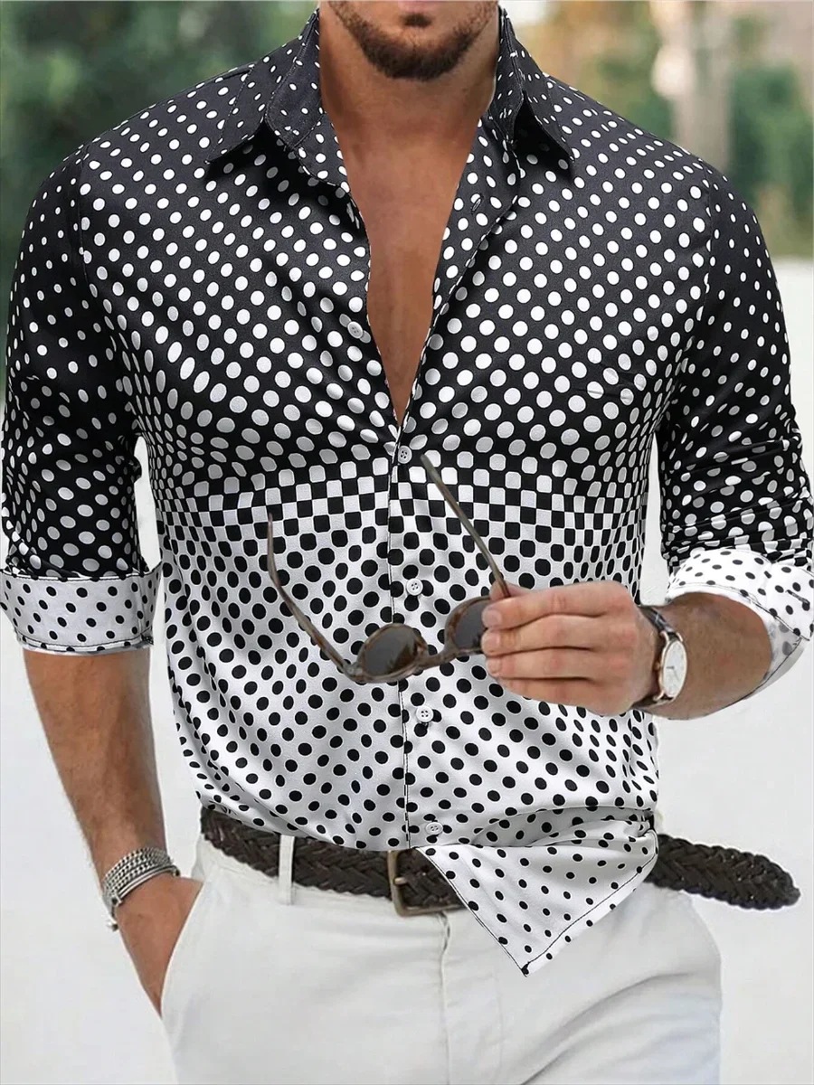 Men's Gradient Print Long Sleeve Hawaiian Shirt, Oversized Casual Vacation Shirt With Flip Collar, Breathable Streetwear & Beachwear_viptrois.com