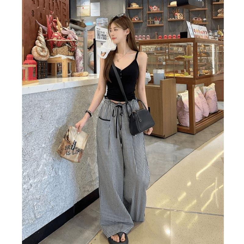 New 2025 Fashionable Versatile Plaid Pants for Women Spring and Summer High-Waisted Slim Design Wide-Leg Floor-Length Pants