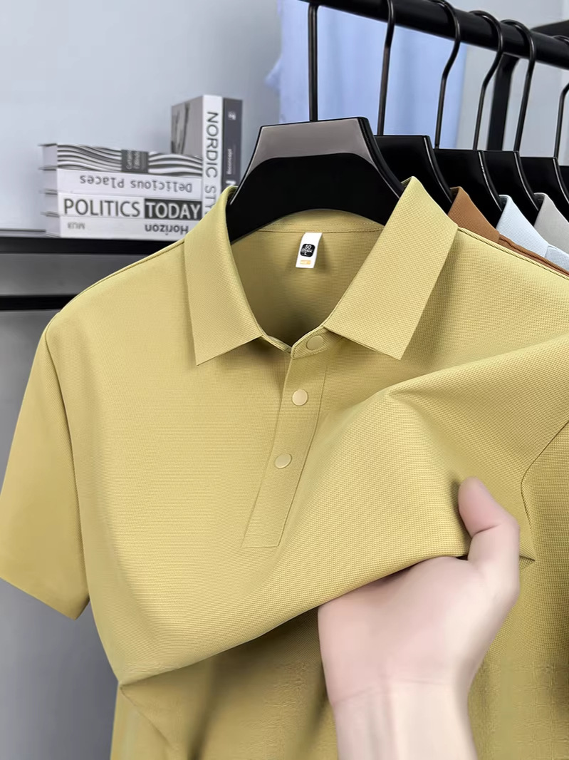 Seamless Nylon Polo Shirt, New Summer Style, Three-Button Split Hem, Men's High-Quality Solid Color Casual Popular T-Shirt