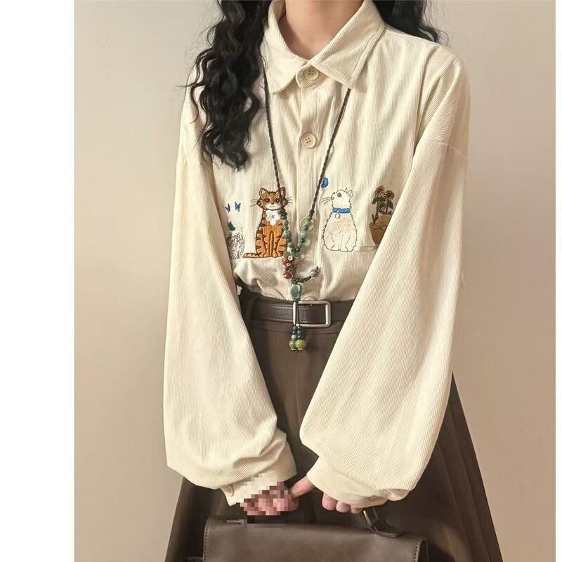 Spring new corduroy vintage fun cute cat embroidered artistic casual long-sleeve shirt top for women Spring new corduroy vintage fun cute cat embroidered artistic casual long-sleeve shirt top for women