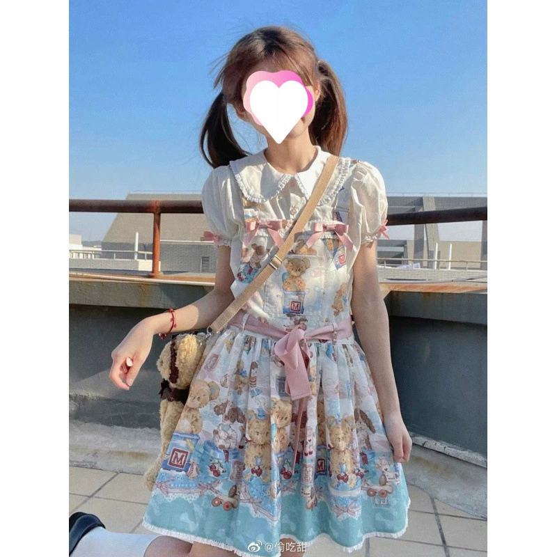 Лолита летнее платье с милым музейным принтом медвежат, рукава‑пышки, комплект (S–L)