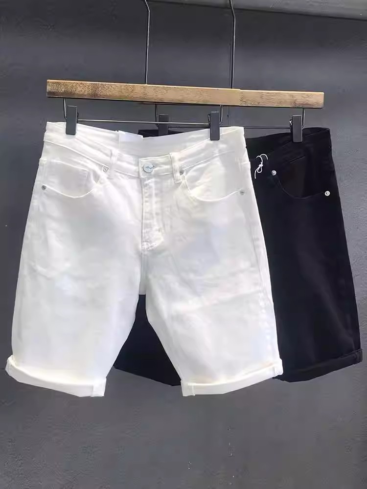 Men's Clothing Slim Fit High Waist Denim Shorts Solid Color Summer Fashion Handsome Thin White Pants_mkmklike.com