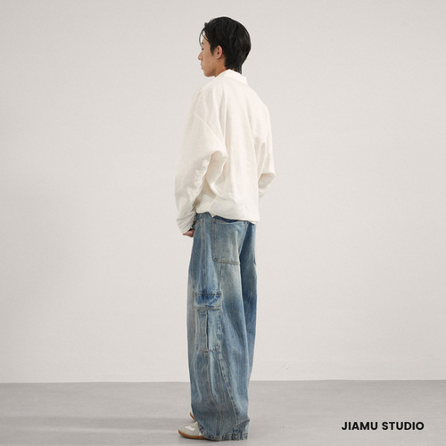 JIAMU American-style multi-pocket water print baggy jeans unisex relaxed wide-leg shears work pants for men and women