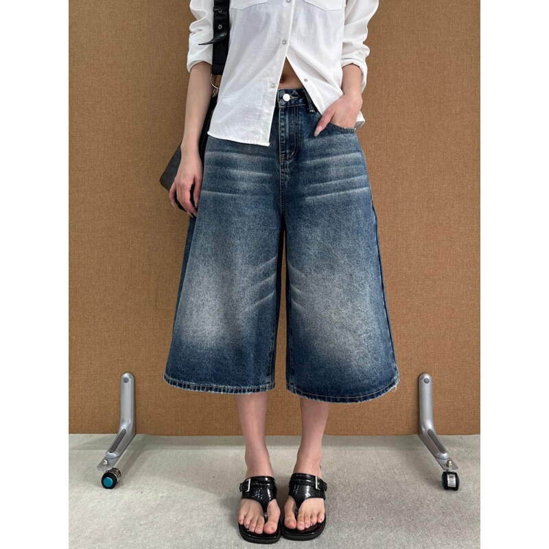 See 3L American Retro Wide-Leg Denim Cropped Pants for Women, Loose Fit, Slimming, Pear-Shaped Straight Shorts 519