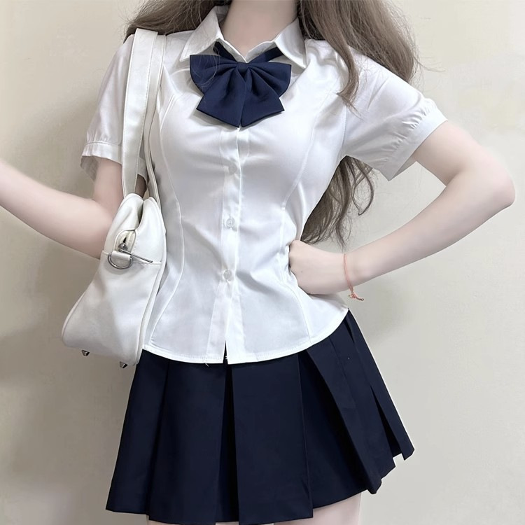 JK 유니폼 순수한 정욕 스타일 여름 뜨거운 소녀 반팔 허리 다목적 대학 스타일 슬림 JK 셔츠 스트랩 버블 셔츠