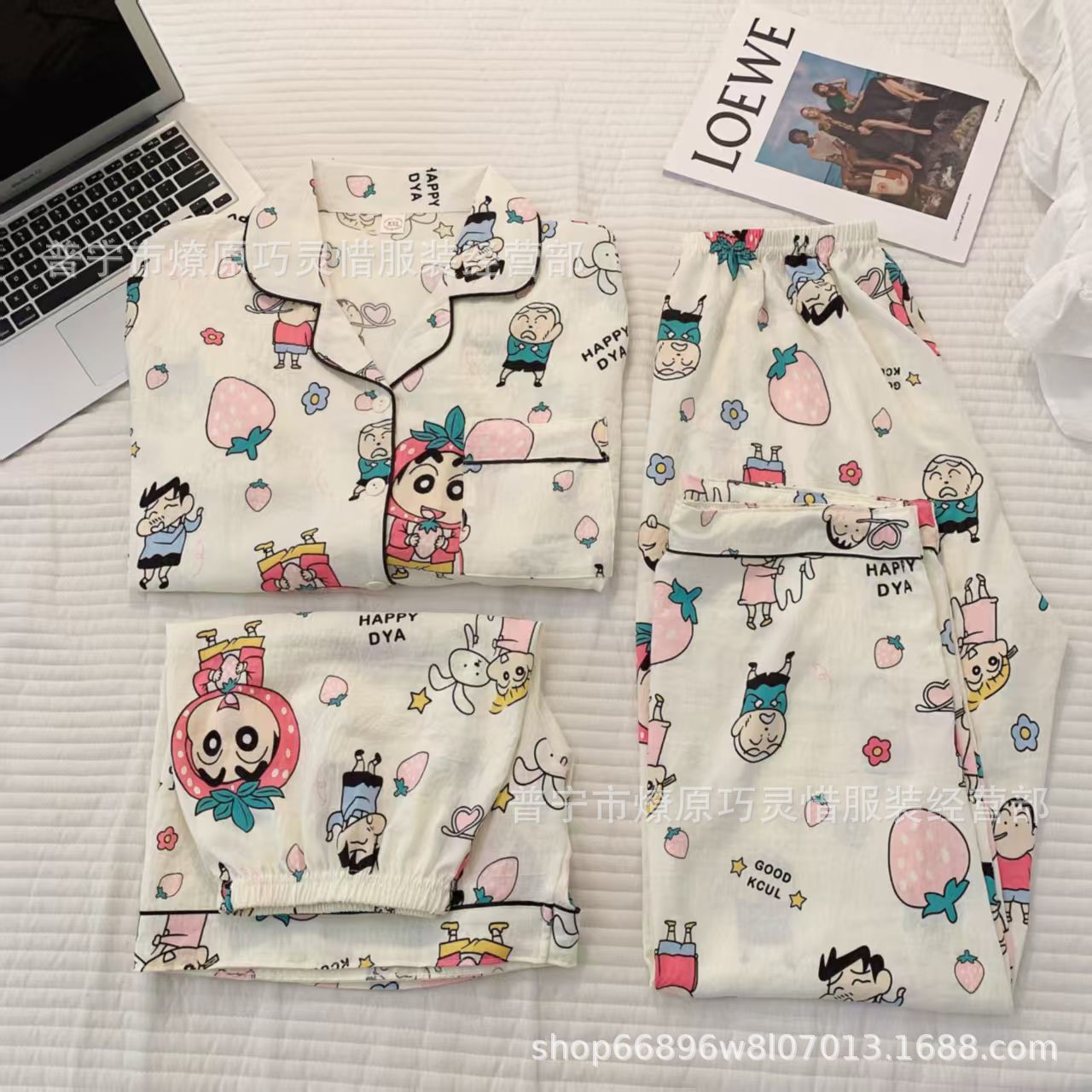 Hermosos pijamas de tela de rabu mujeres primavera y otoño verano nubes de algodón dulce mangas cortas pantalones cortos de tres piezas ropa para el hogar