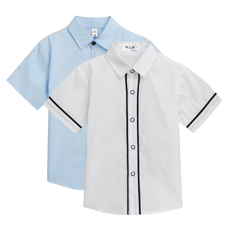 Children's summer short-sleeved shirt student school uniform shirt boys' blue summer shirt girls' cotton white shirt