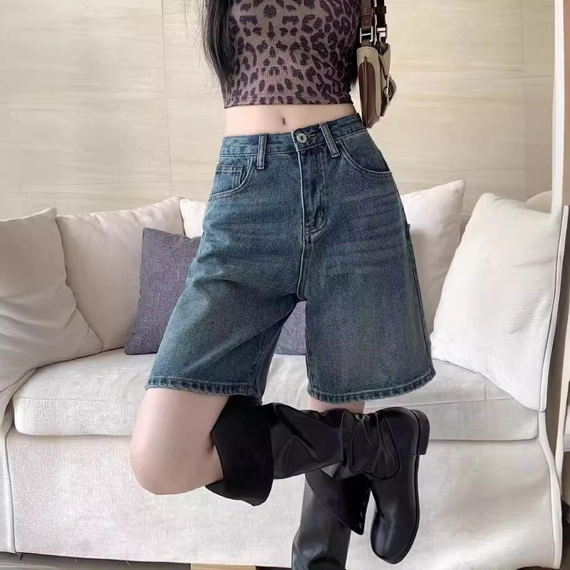 Denim Shorts Women's Fashionable All-match Summer Thin New High Waist Retro Small Loose Straight Slimming Pants