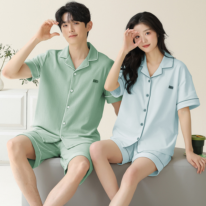 Pajamas de pareja simple mujeres verano 2024 nuevo delgado pantalones cortos de mangas cortas con solapa de algodón para hombres set de ropa de hogar