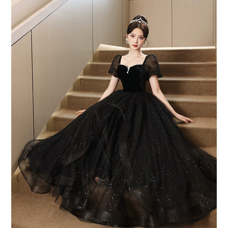 Black elite evening dress, French style, high‑quality finish, sizes XS–XXL