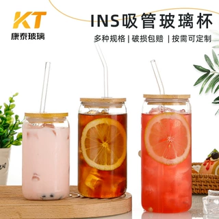 跨境竹盖可乐杯16oz高硼硅玻璃杯单层果汁杯带吸管饮料杯批发