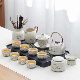 高档汝窑功夫茶具套装家用陶瓷开片富竹盖碗茶茶杯整套客厅茶道