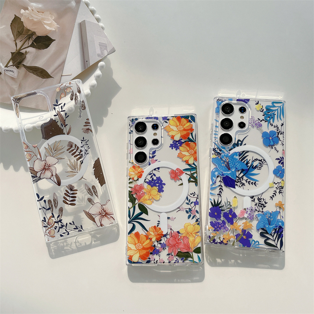 Suitable for Samsung S26 Mobile Phone Case, Double-Layer Printed S25Fe Floral Transparent Magnetic Case, S24 Protective Case, Imd Technology