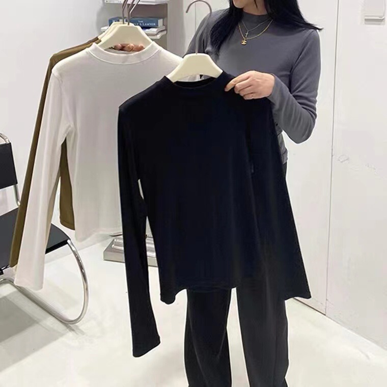 Boss Lady's Same Style Small Stand-Up Collar Bottoming Shirt, Spring & Fall Half Turtleneck Inner Knitted Pure Color Long-Sleeved Top T-Shirt for Women