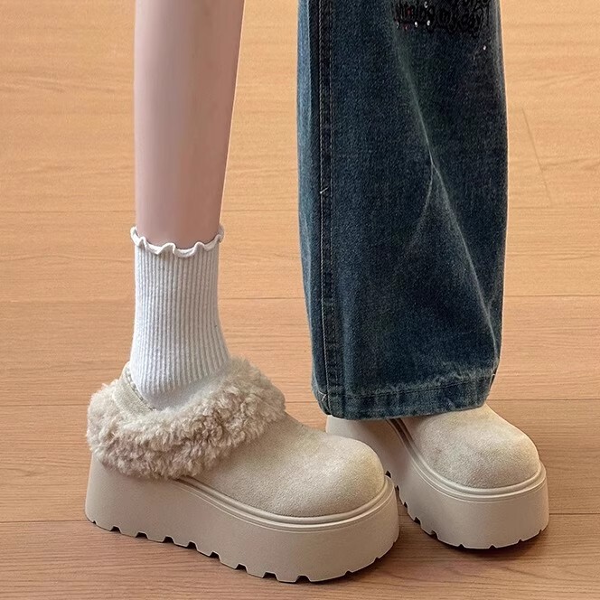 Retro Thick-Soled Closed-Toe Warm Half Slippers for Women, Winter Plush Warm Ankle Snow Boots, Height-Increasing Cotton Shoes, Trendy