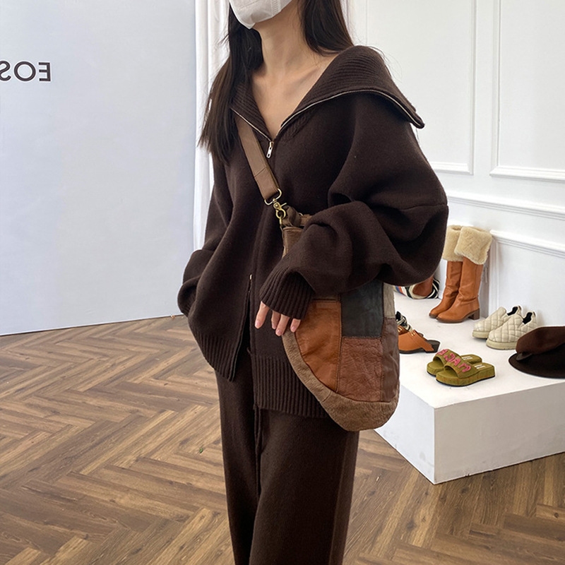 패셔너블하고 게으른 캐주얼 정장 더블 지퍼 라펠 스웨터 가디건 + 스트레이트 레그 할머니 바지 판매 준비 |