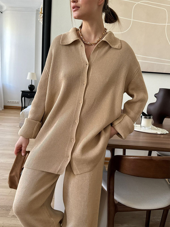 Bộ đồ dệt kim nữ dài tay cổ lật phong cách thanh lịch — Màu kaki, Màu mơ, Màu xám, Màu đen chi tiết 70
