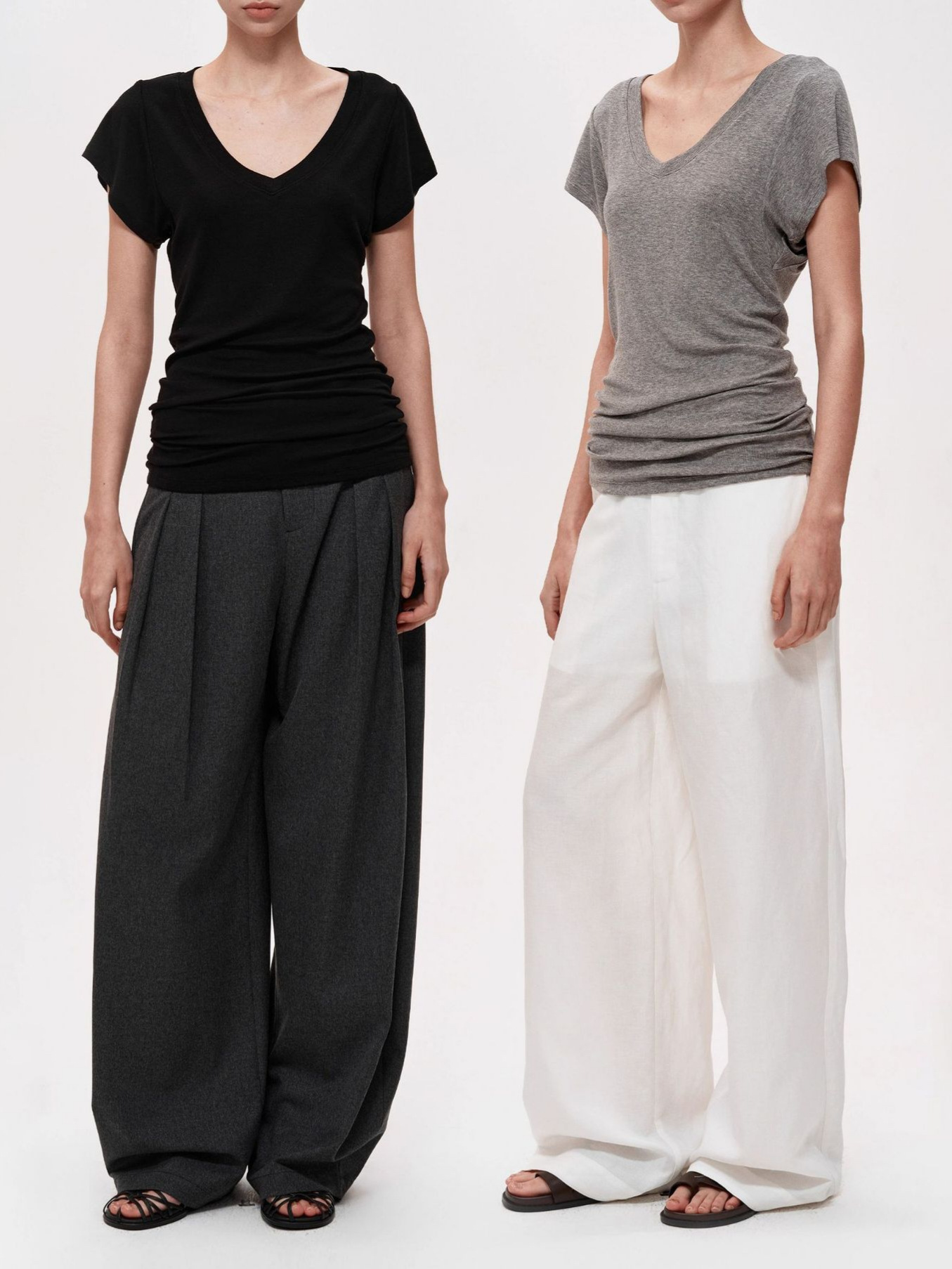 スポットテンセルウール品質ハイエンドシンプルスタッキングデザイン大きめVネック半袖Tシャツスリム鎖骨露出トップス