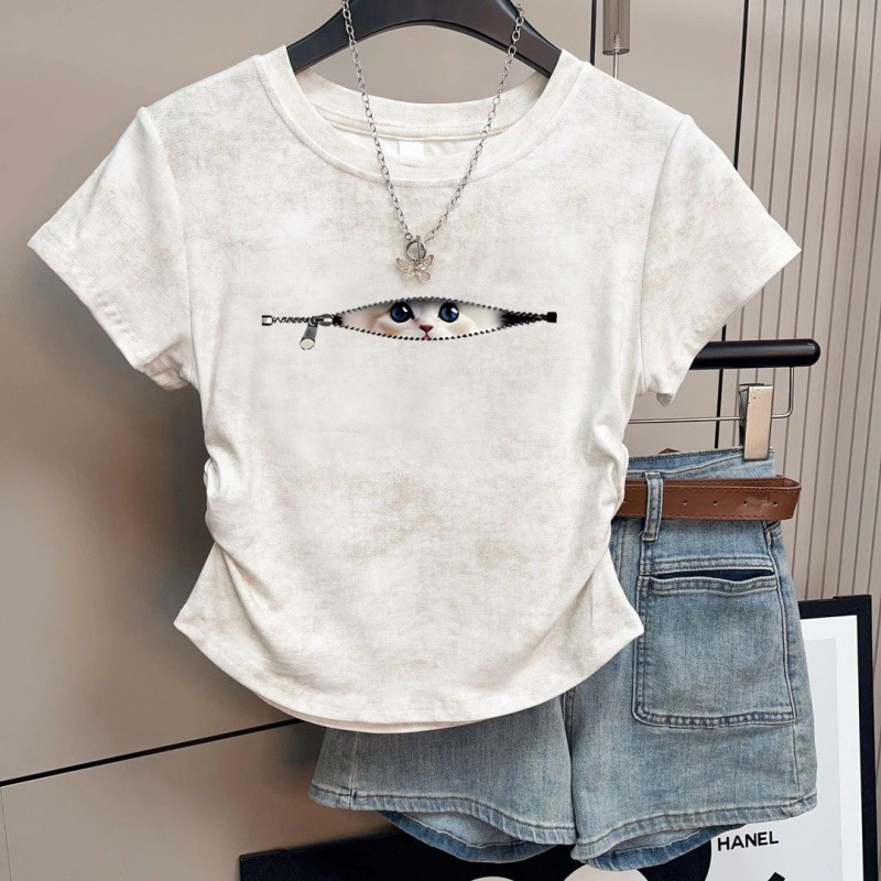 アメリカンピュアコットンホットガール半袖Tシャツレディースウエストショートタイダイデザイン2025夏多用途学生トップ|undefined