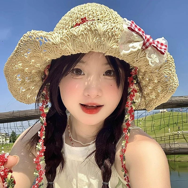 Summer belt with bow, beach sun hat solar-powered, flowered, beach style