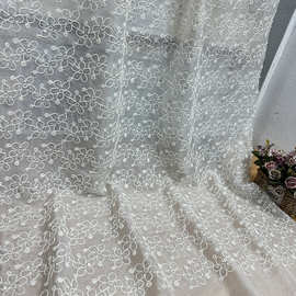 厂家直销梅花骨绳雪纺布绣花面料 女装外套 舞台服装刺绣珠片布料