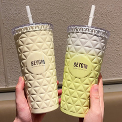ファッション菱模様ストローカップ女子学生高颜値コーヒーカップ大容量シンプルポータブルカップ学生カップ