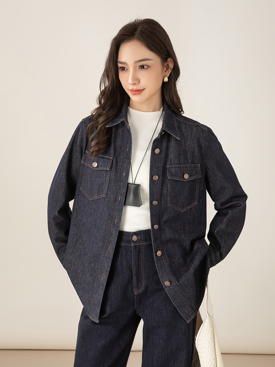 Áo sơ mi denim lông cừu Xinge dáng rộng nữ mùa đông phong cách muối — màu xanh denim