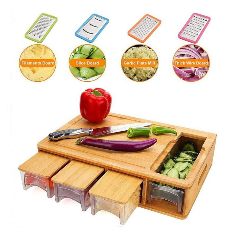 Placa de corte de vegetales de bambú en stock con cajón transparente para almacenar raspador de alambre cortador de cocina para la clasificación de platos domésticos