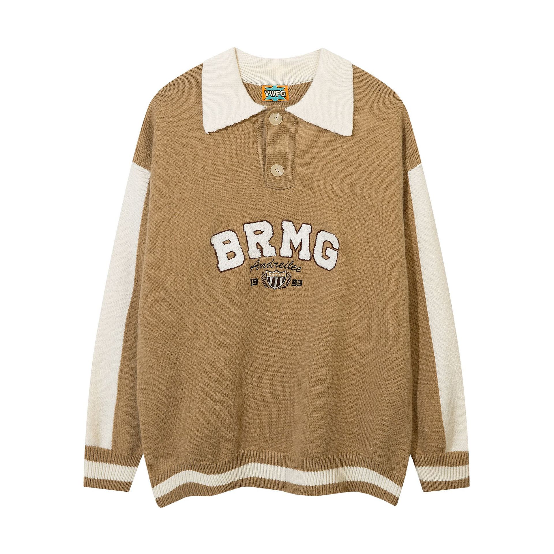 Suéter de punto POLO de estilo americano de la marca original YWFG, con diseño retro de letras jacquard, tendencia nacional para parejas en otoño e invierno.