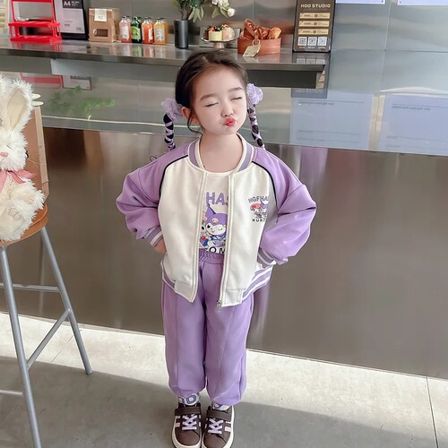 Three-piece set for girls, medium-sized children's autumn long-sleeved suit, children's style Korean style cartoon Kuromi baseball uniform