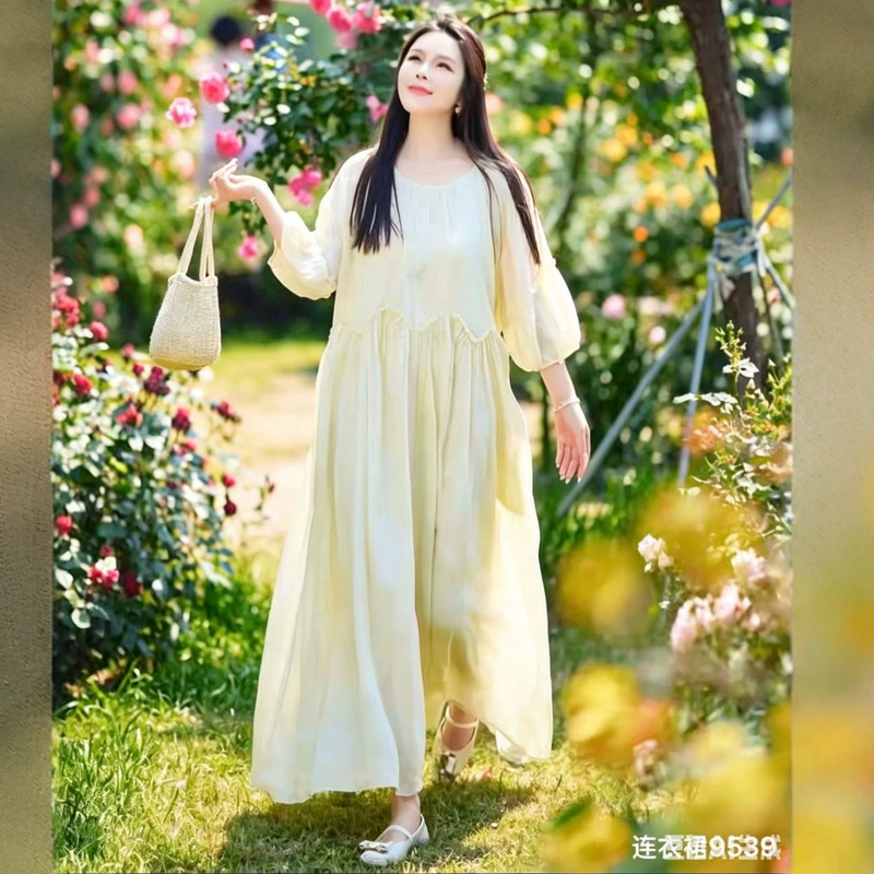 2026 New Summer Ramie Dress, Round Neck Splicing, Fresh and Sweet Three-Quarter Sleeve Ramie Dress for Women