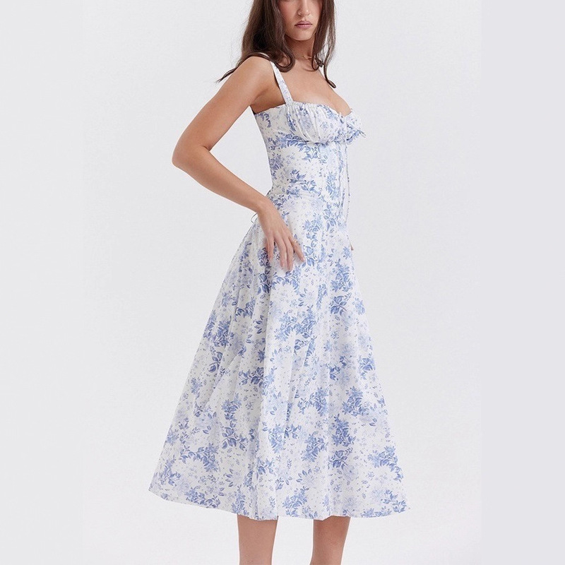 European, American and Brazilian independent station hot low-cut sexy digital printing chest back strap waist long dress