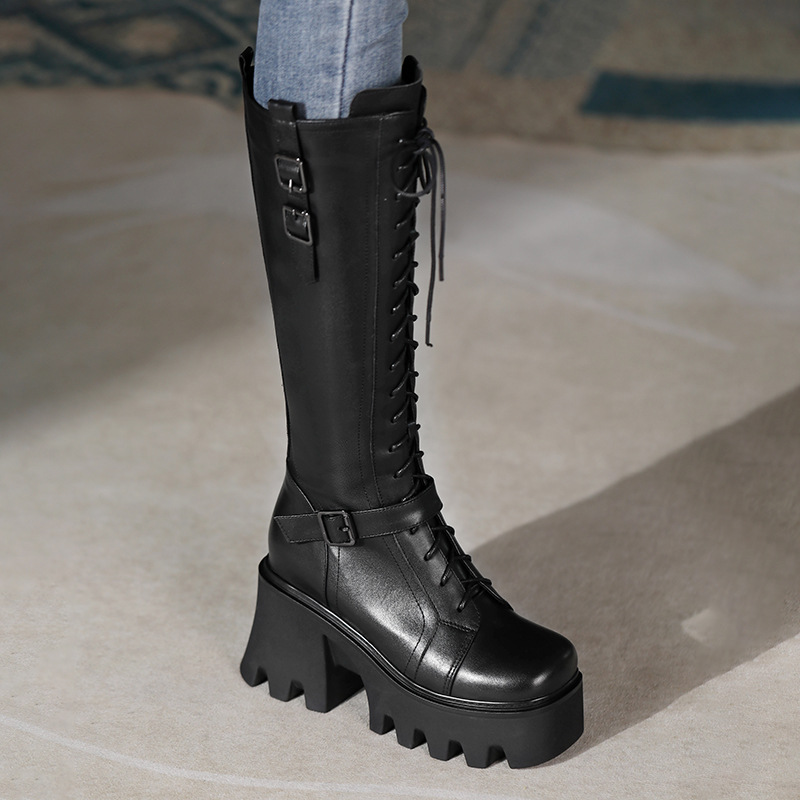 Boot nữ cổ cao phong cách cổ điển, gót 10 cm, khóa dây buộc — Lót nhung đen