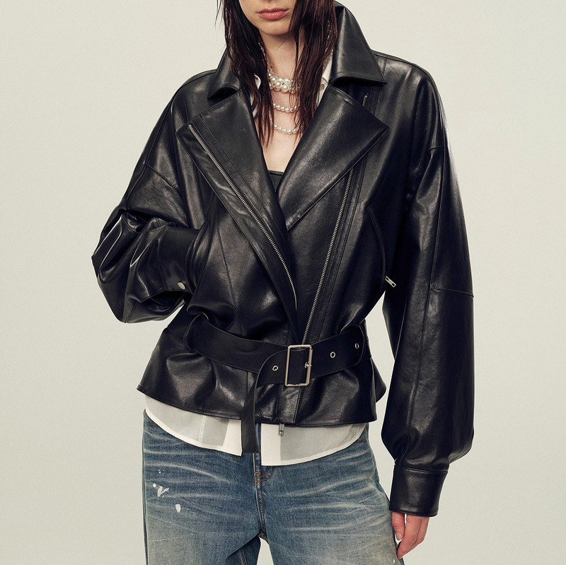 Genuine Leather Jacket Hn5233 European and American Motorcycle Style Wide Version Light Wax Vegetable Tanned Goatskin Street Fashion Jacket for Women