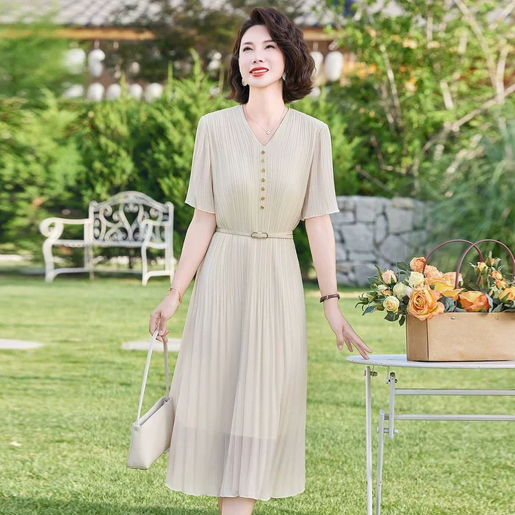 Летнее элегантное платье для мамы 2025 года, новый стиль для женщин 40 и 50 лет, среднего и старшего возраста, летний стиль, большой размер, короткий рукав, юбка
