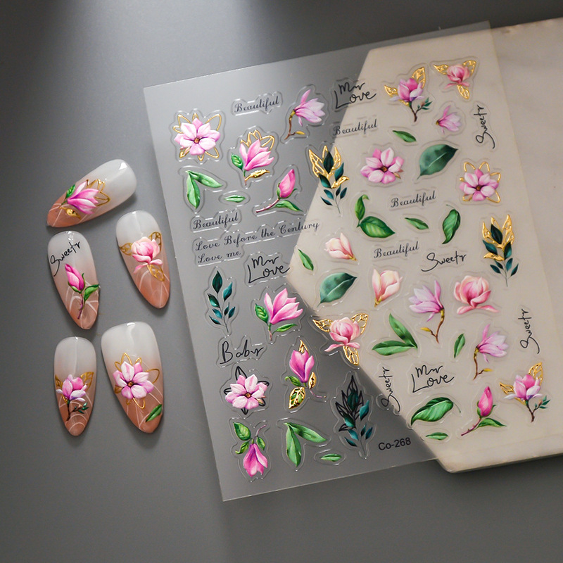 New Technology 2024 Bronzing Embossed 5D Pink Tulip Nail Art Sticker Leaves with Adhesive Internet Red Design Sense