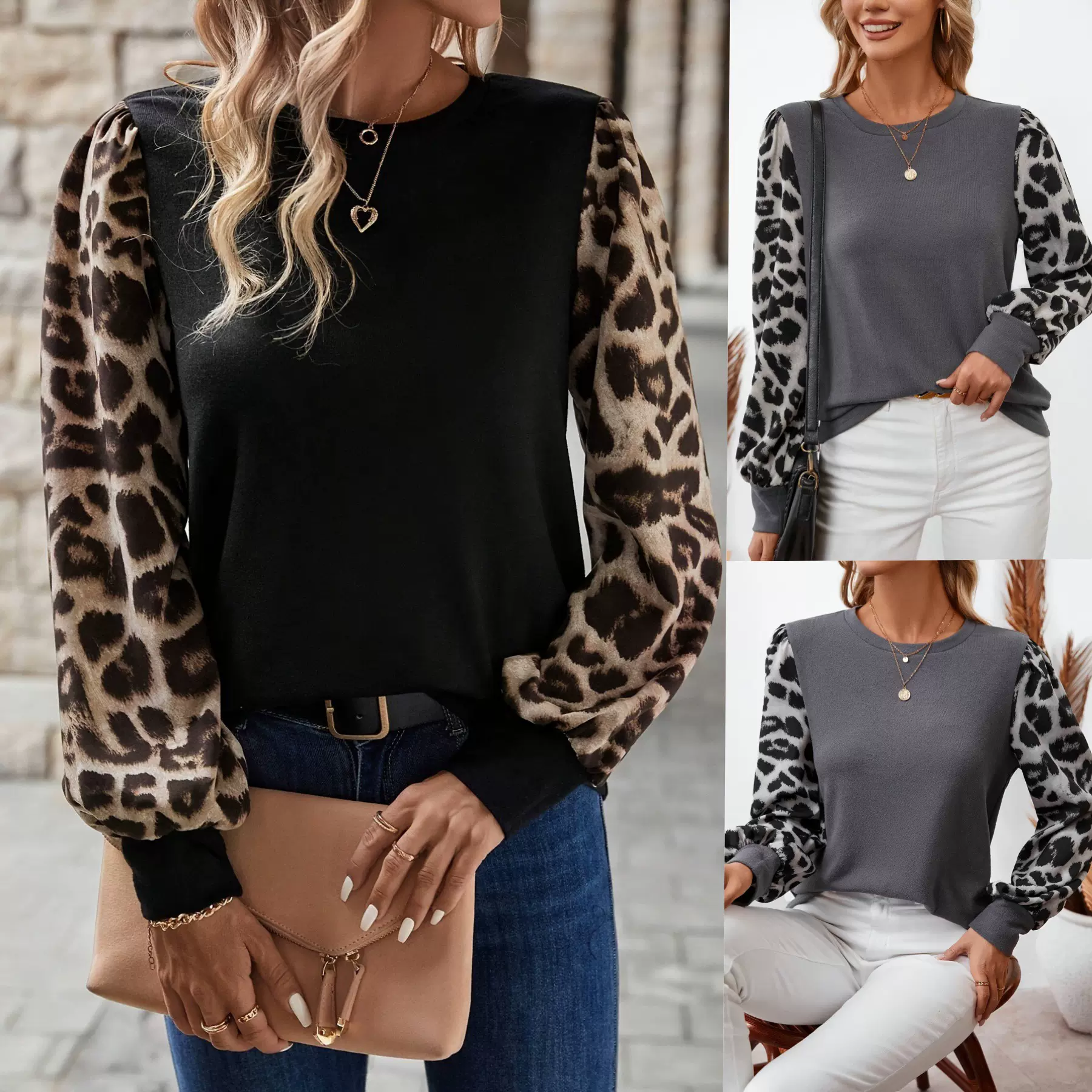 跨境女装T恤上衣秋冬新款亚马逊速卖通欧美长袖圆领拼接T恤上衣