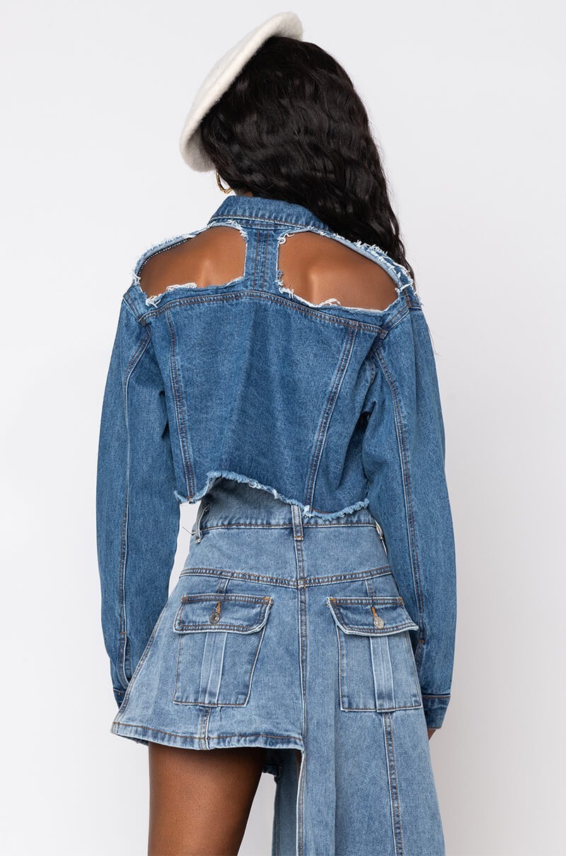 hole off-shoulder long sleeve slim short denim jacket NSQDH127077