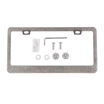 Cross-Border American Standard Stainless Steel Square-Hole Rhinestone Car Decorative License Plate Frame, Rhinestone-Encrusted Thickened License Plate Frame Accessories (License plate holder/license plate holder) - white