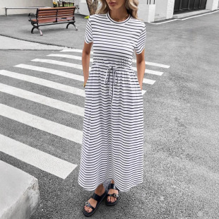 2025 Cross-Border Amazon Hot-Selling Plus-Size New Women's Round Neck Adjustable Belt Mid-Length Striped Pocket Dress