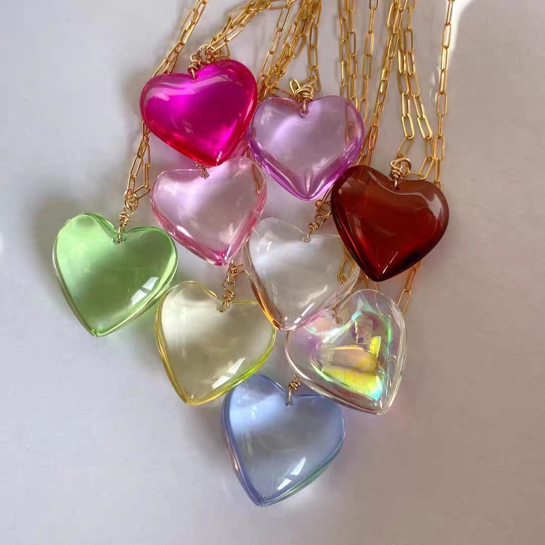 35g Weight glass Pendant Material Pendant Necklace Classification Alloy Chain Material 1 Piece Quantity Daily, Date Occasion glass Material Heart Shape Pattern Women's Gender Handmade Design Sweet Style Sweet Heart Shape Glass Handmade Women's Pendant Necklace 2