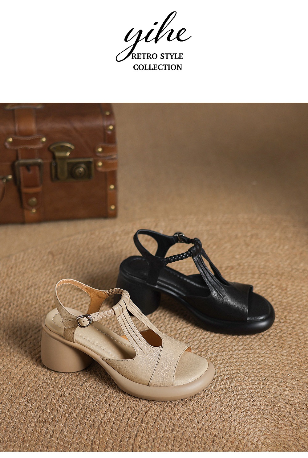 Sandal nữ da cừu mũi cá hở gót, đế dày gót thô 9 cm, quai ngang một dây — đen chi tiết 14