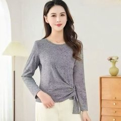 一件代发2025秋季新款时尚圆领抽褶长袖洋气百搭减龄女装打底衫